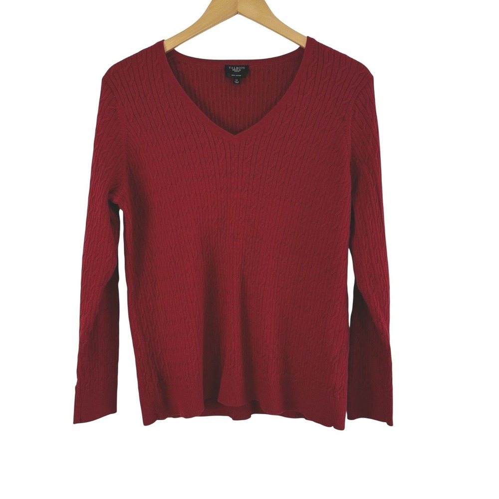 Talbots‎ Woman Sweater Size 1X 100% Pima Cotton Red V-Neck Pullover Cable Knit